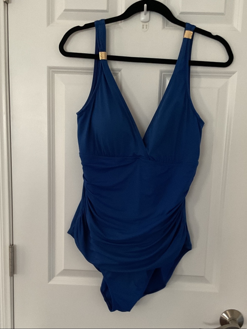 Ralph Lauren Deep Blue V-Neck One-Piece Swimsuit with Gold Strap Details